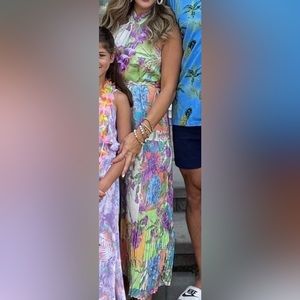 Floral maxi halter dress with thin rope belt